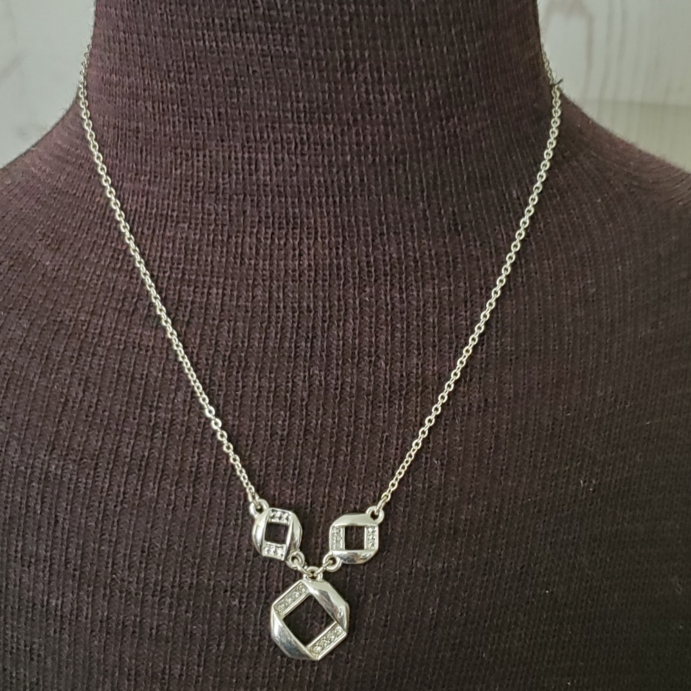 Vintage Avon silvertone necklace with three squares, clear rhinestones SAQ